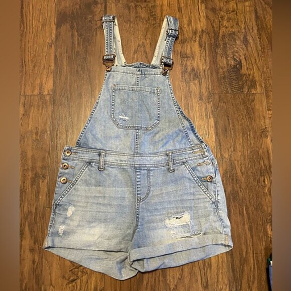 Forever 21 shorts denim overalls jeans embroidered back size 28 distressed - Picture 1 of 6